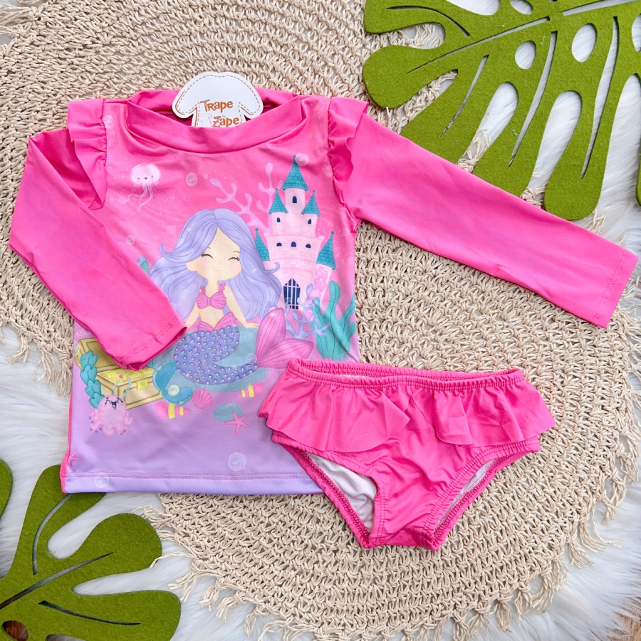 Linha Praia - Blusa com Proteção UV50+ Sereia e Calcinha - Rosa Chiclete